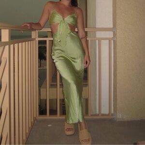 Satin Green Tie-Front Two Piece Maxi Dress